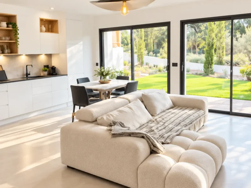 Salon lumineux ouvert sur la cuisine, avec baies vitrées sur le jardin – L’Annexe du Domaine de la Subérine