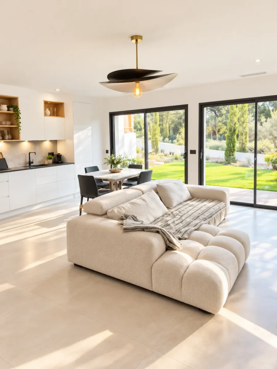 Salon lumineux ouvert sur la cuisine, avec baies vitrées sur le jardin – L’Annexe du Domaine de la Subérine