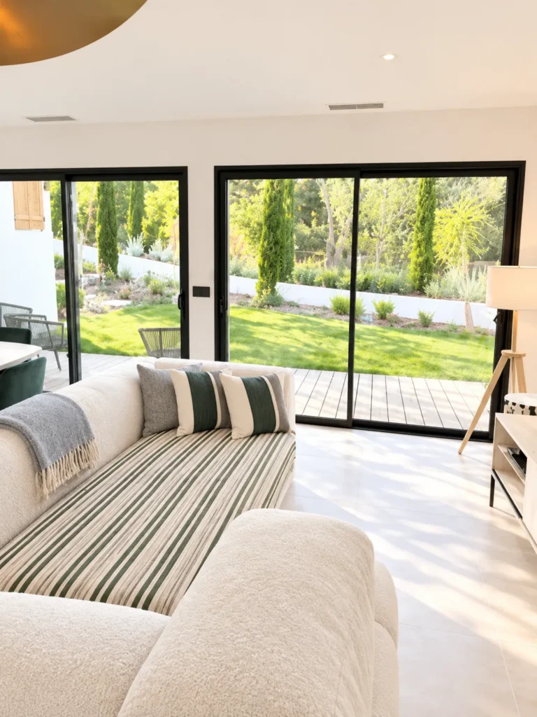 Salon avec grand canapé face au jardin – L’Annexe du Domaine de la Subérine