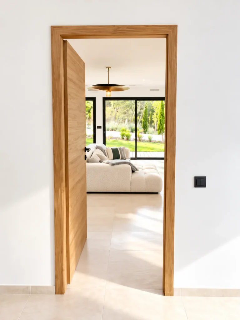 Porte en bois donnant sur le salon – L’Annexe du Domaine de la Subérine